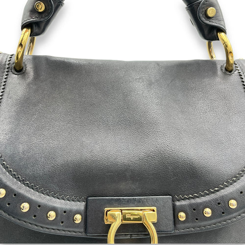 Gancini Top Handle Bag Black in Calfskin, Gold hardware