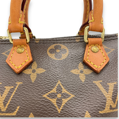 Speedy Bandouliere Top Handle Bag Nano Brown in Monogram Coated Canvas, Gold hardware