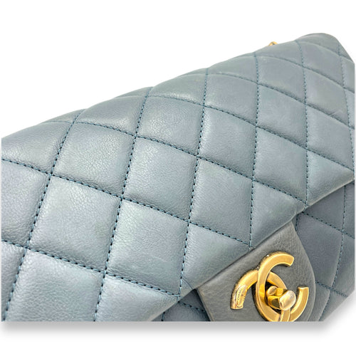 Double Crossbody Bag Grey in Calfskin, Gold hardware