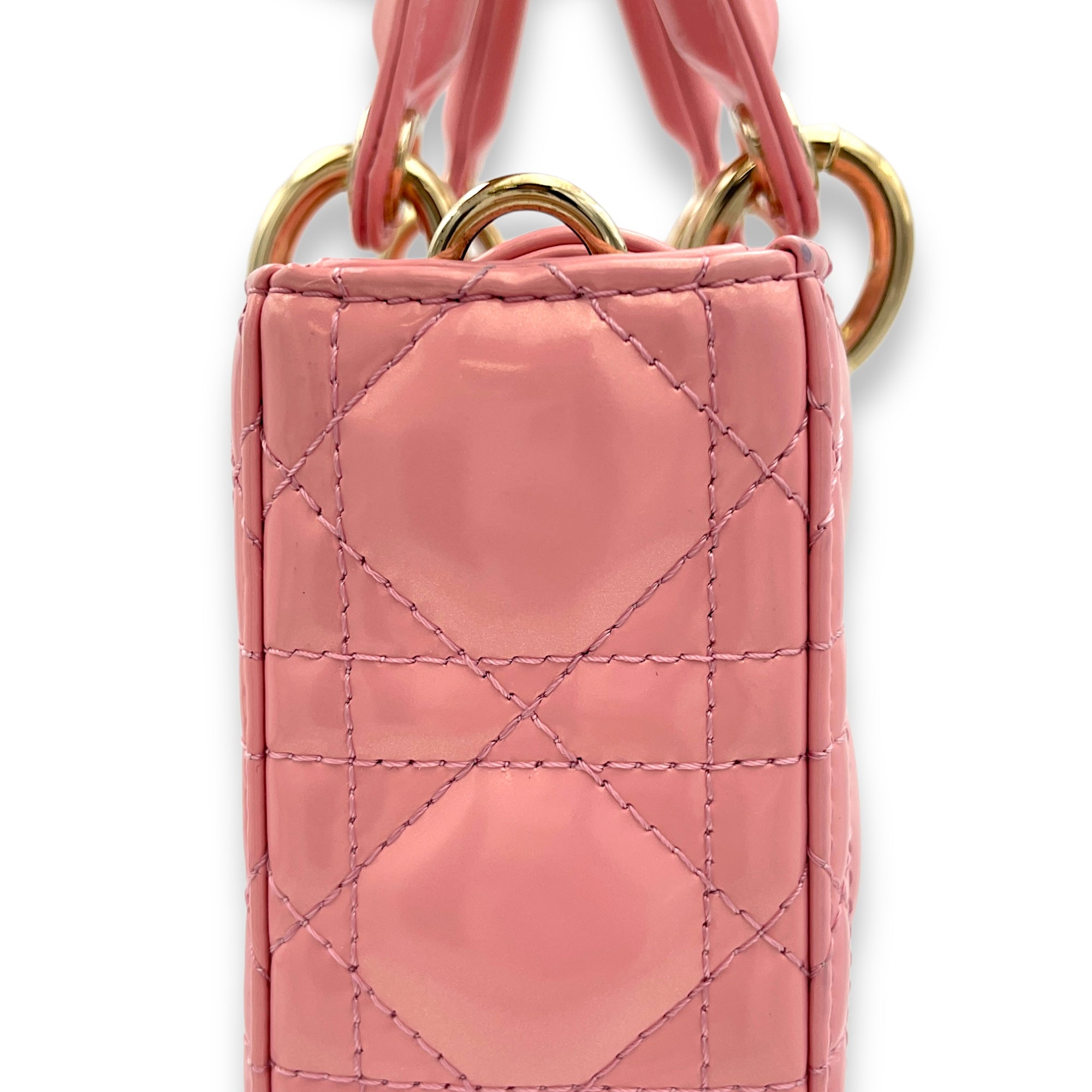 Lady D-Joy Small Pink Top Handle Bag in Patent Leather, Gold hardware