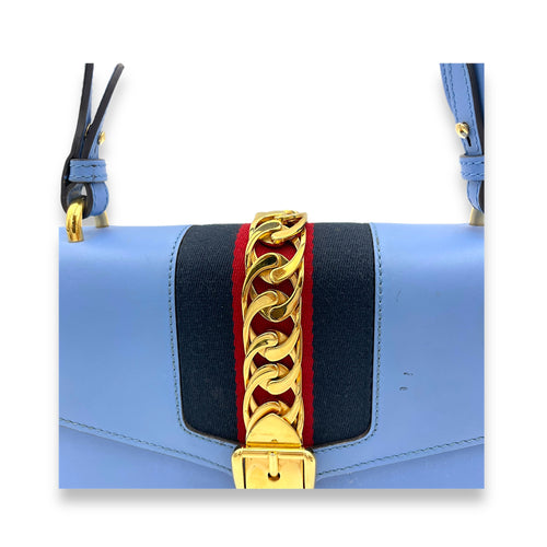 Sylvie Small Blue Shoulder Bag in Calfskin, Gold hardware