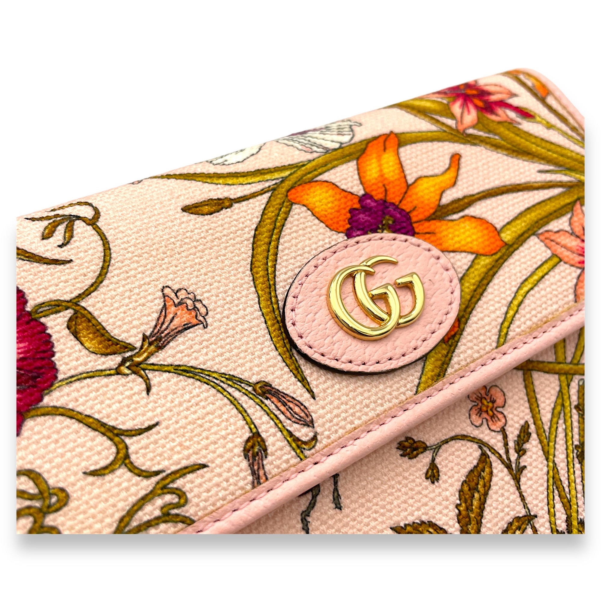 Flora Wallet On Chain Pink in Canvas, Gold hardware