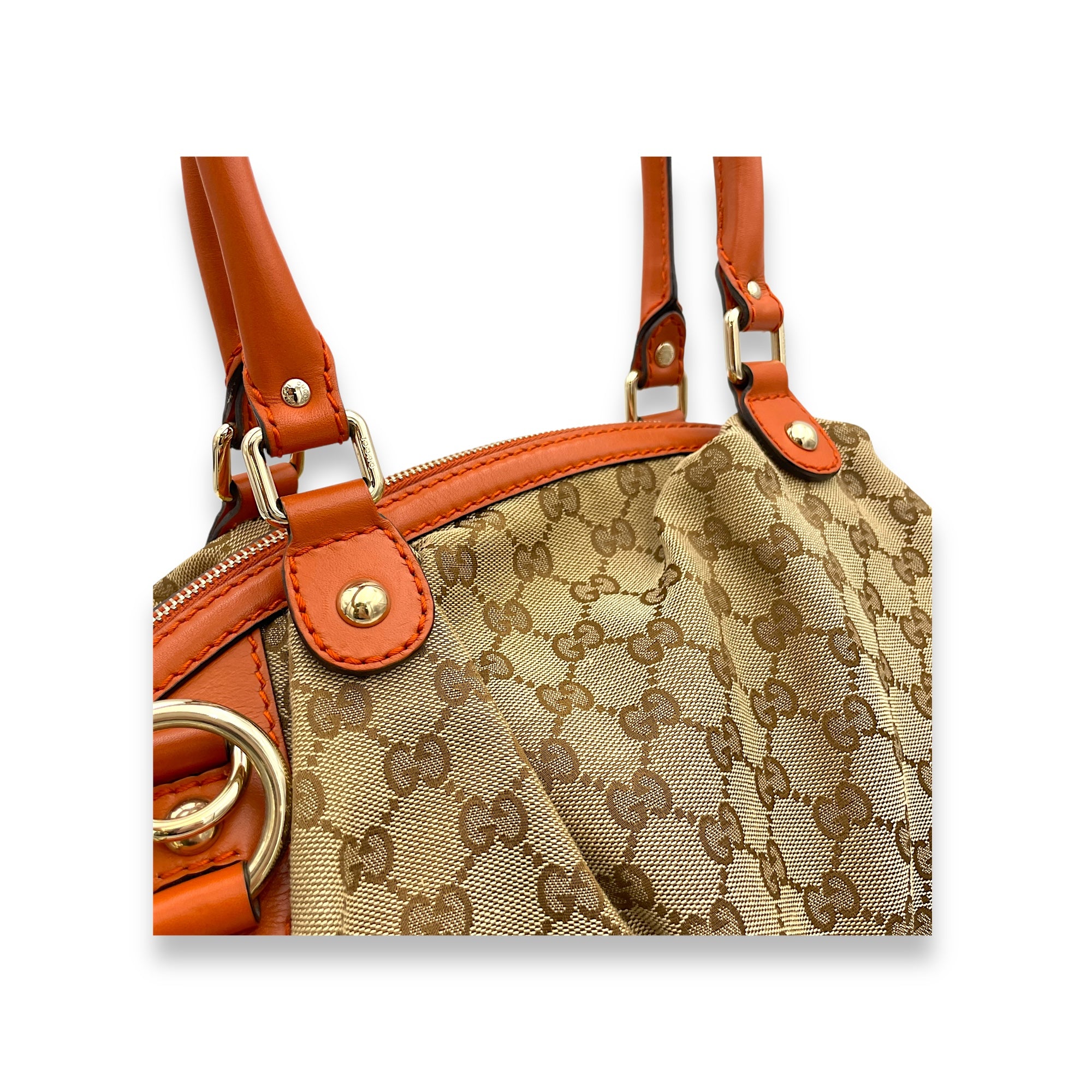 Sukey Brown Top Handle Bag in Canvas, Gold hardware