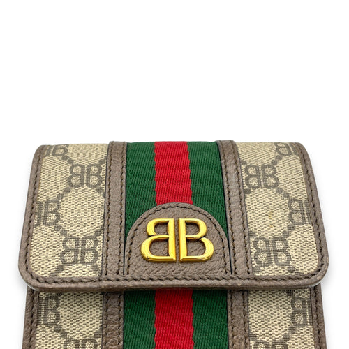 x Gucci The Hacker Project Web Phone Crossbody Bag Brown in Monogram Coated Canvas, Gold hardware