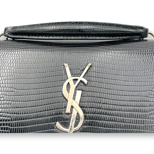 Sunset Black Crossbody Bag in Lizard Embossed, Silver hardware