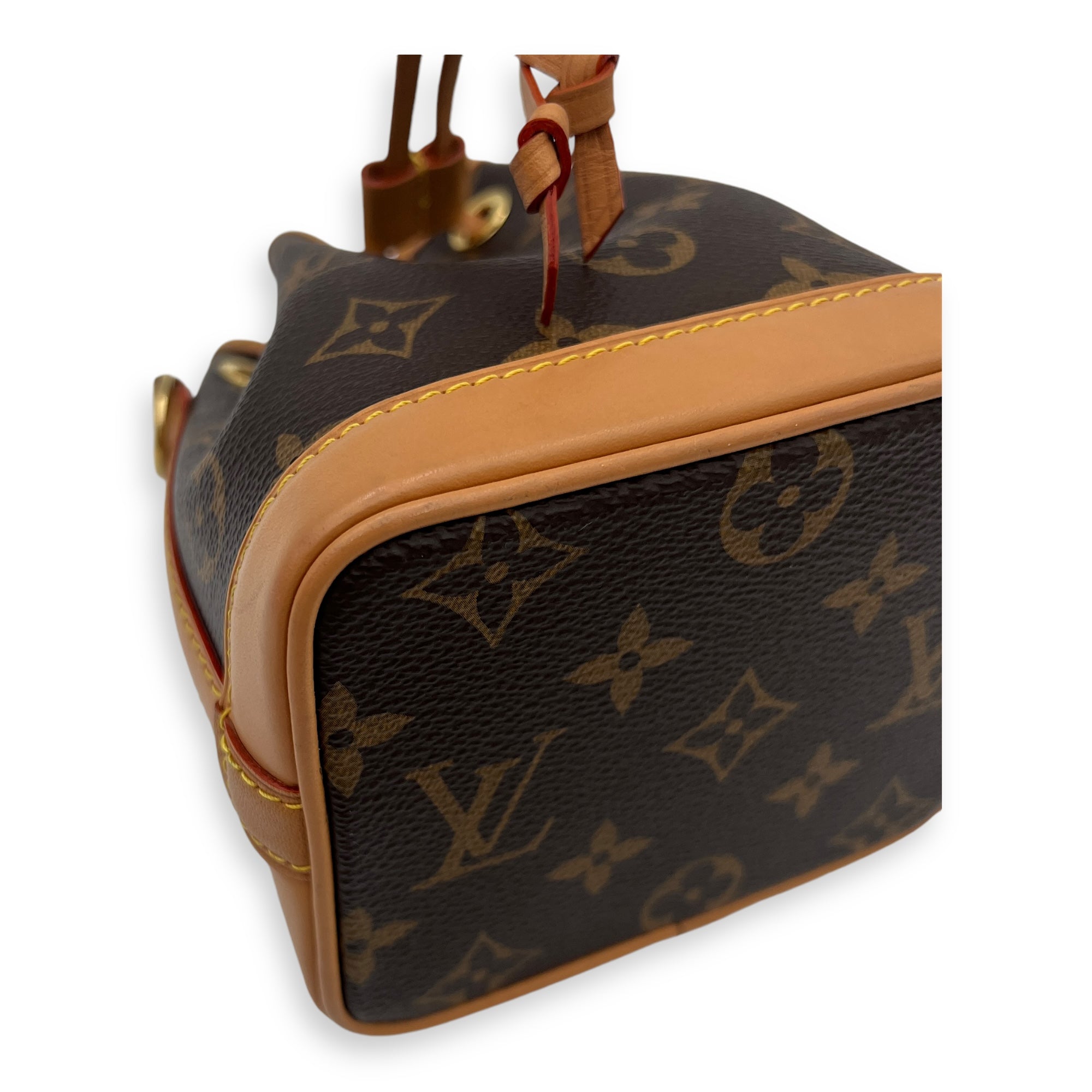 Noe Top Handle Bag Nano Brown in Monogram Coated Canvas, Gold hardware