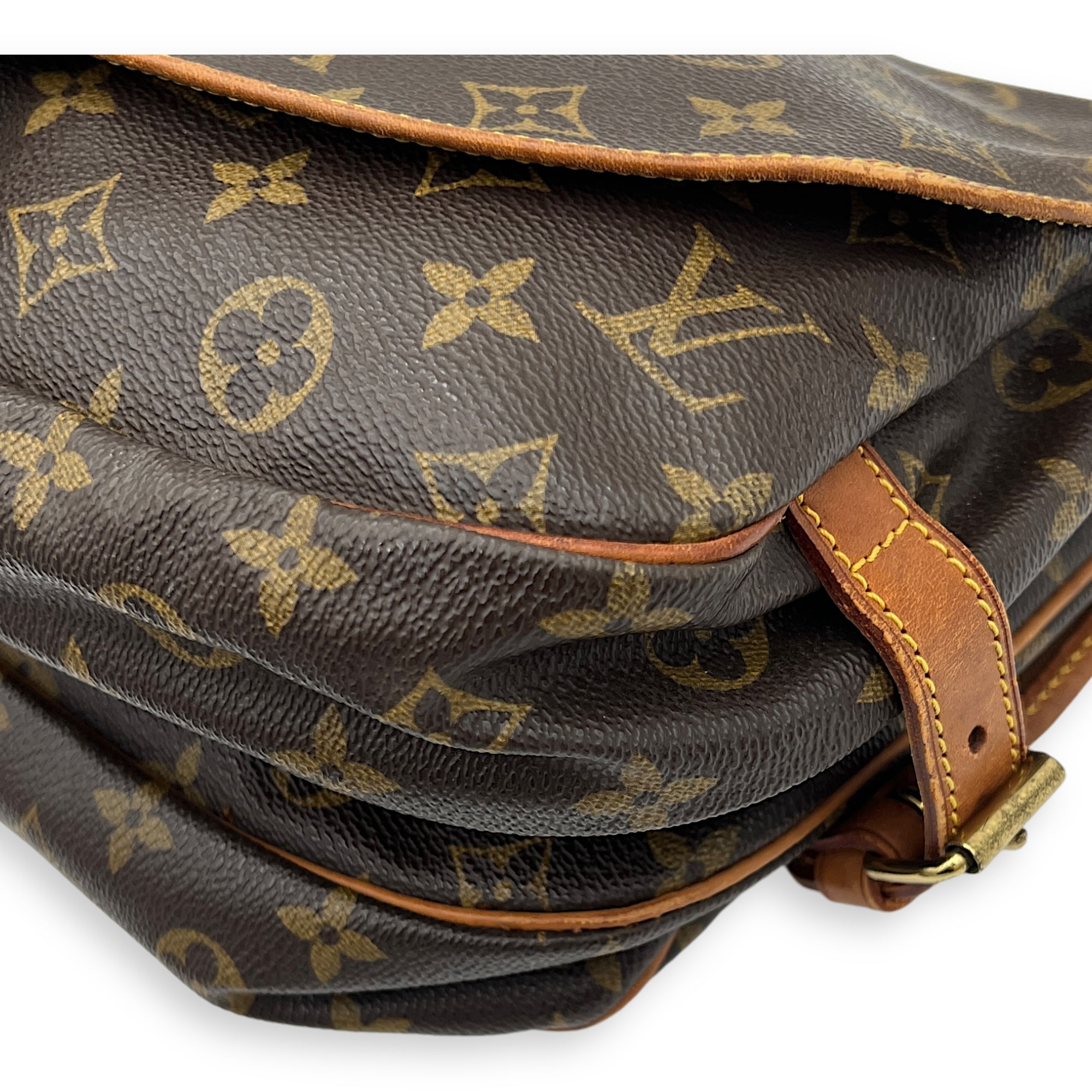 Saumur Crossbody Bag Brown in Monogram Coated Canvas, Gold hardware