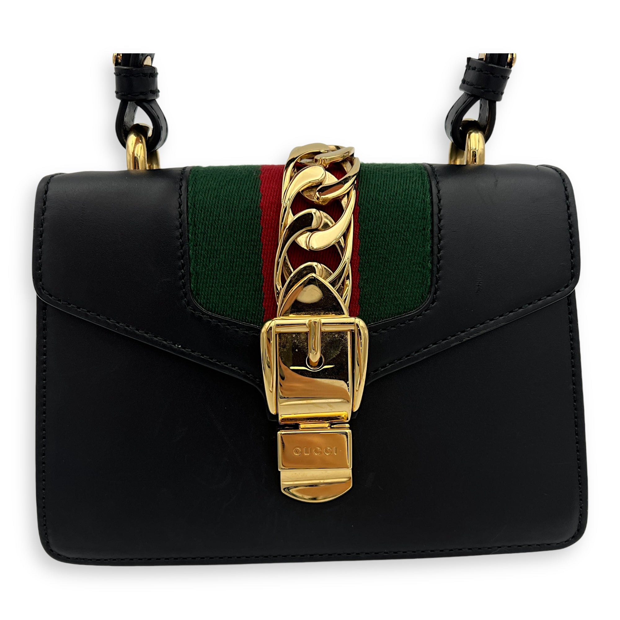 Sylvie Mini Black Top Handle Bag in Calfskin, Gold hardware