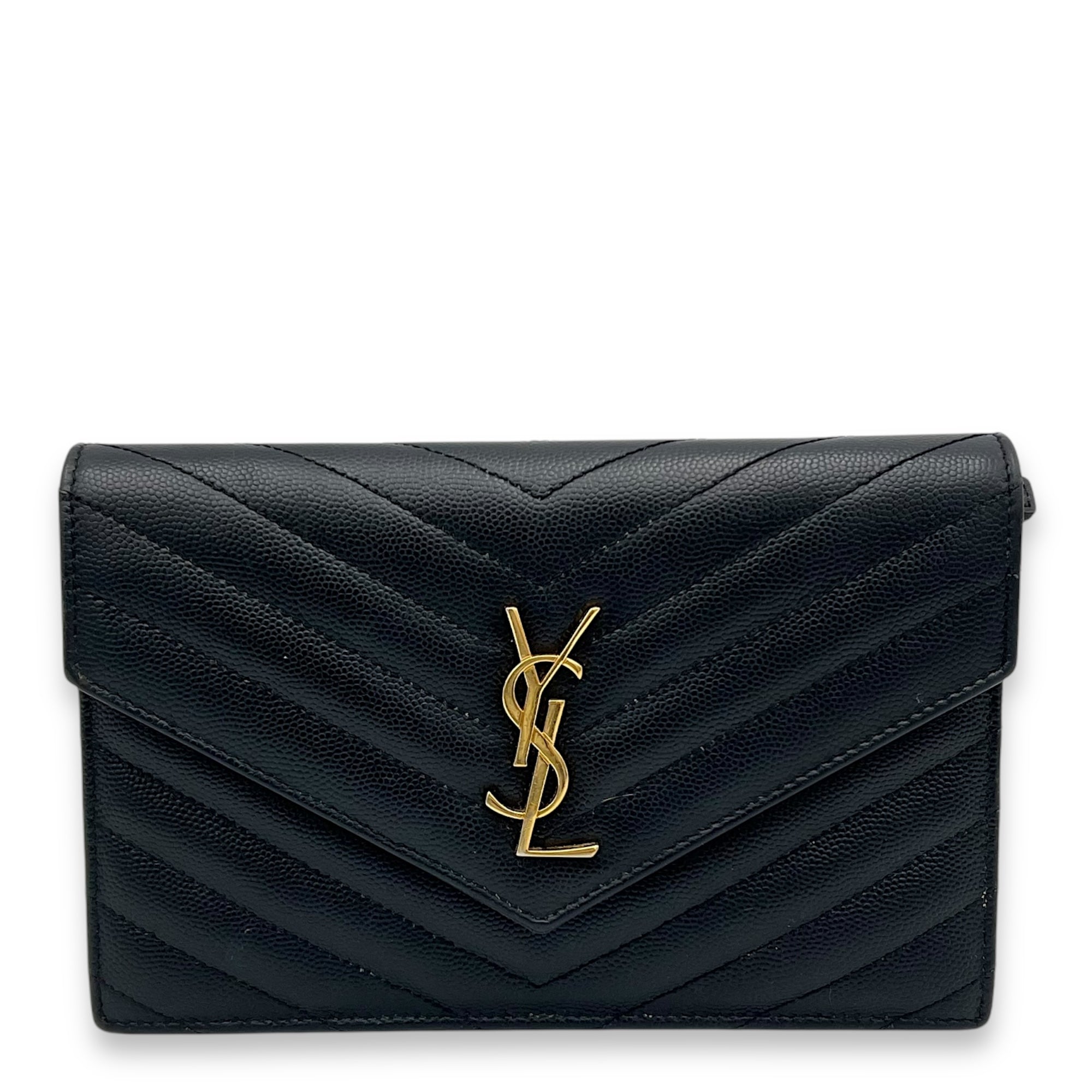 Saint Laurent Cassandre Black Wallet On Chain in Calfskin, Gold hardware_1