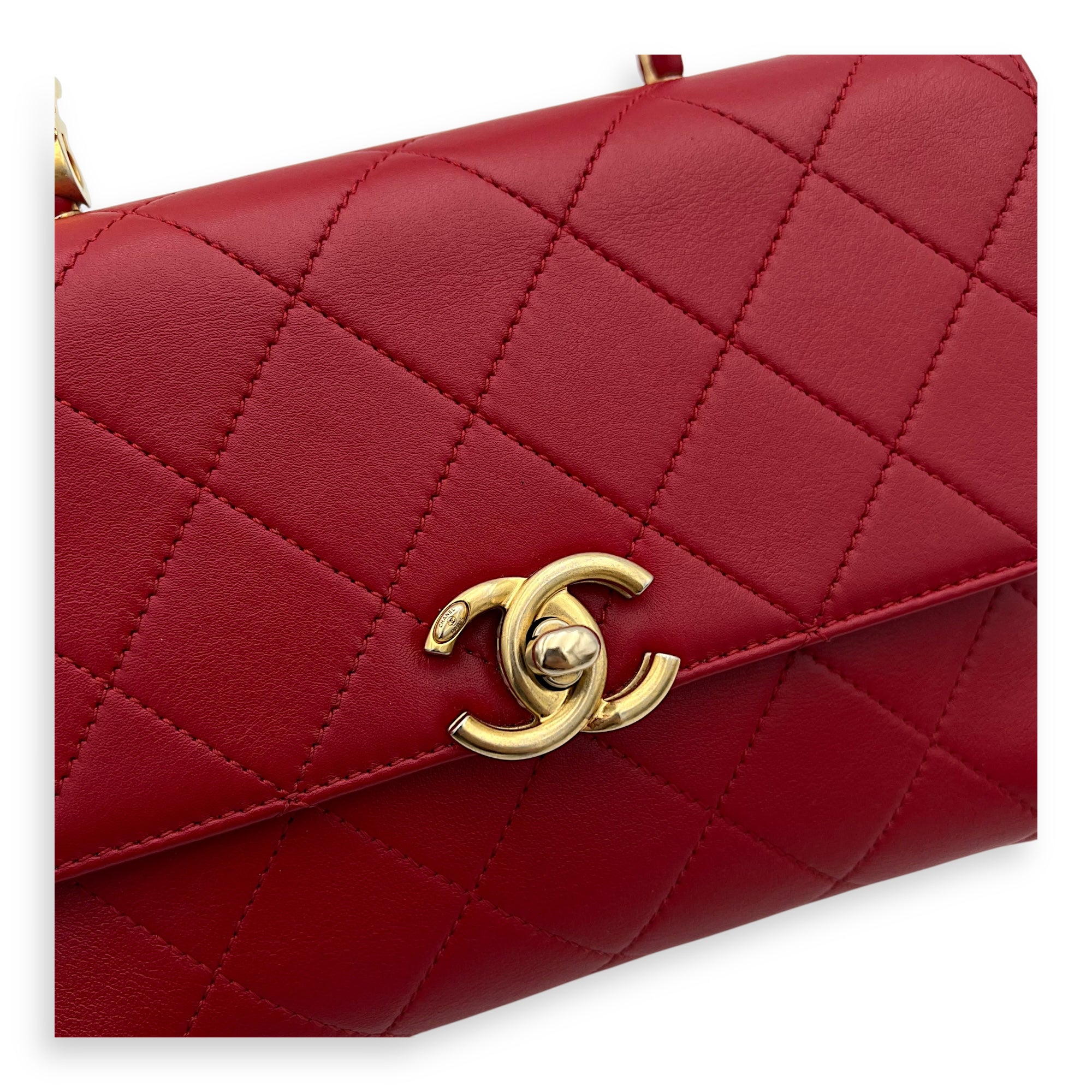 Chanel CC Pearl Top Handle Bag Red in Lambskin, Gold hardware_7