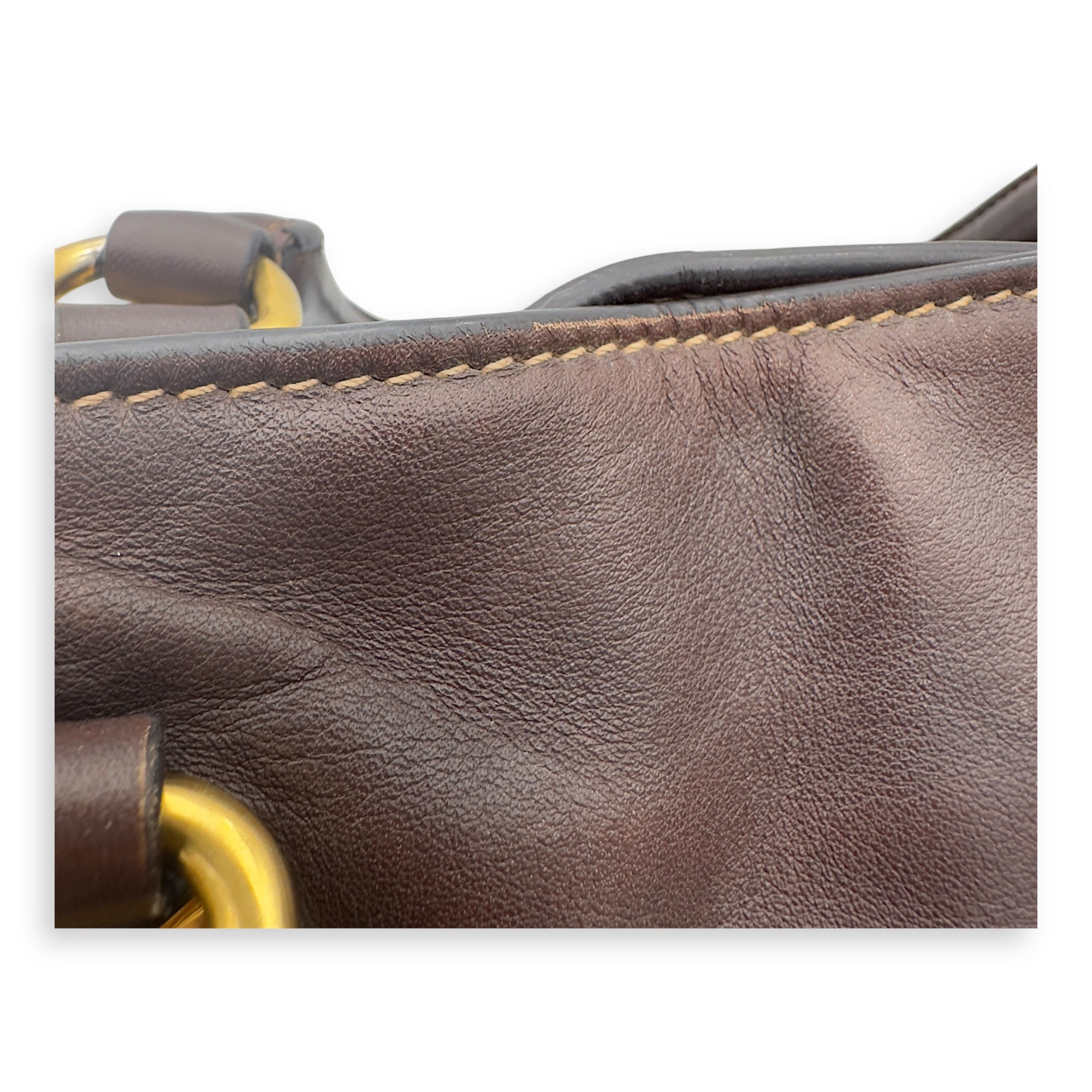 Prada Logo Brown Top Handle Bag in Calfskin, Gold hardware_14