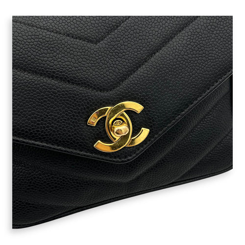 Chanel Vintage Chevron Shoulder Bag Black in Caviar Leather, Gold hardware_8