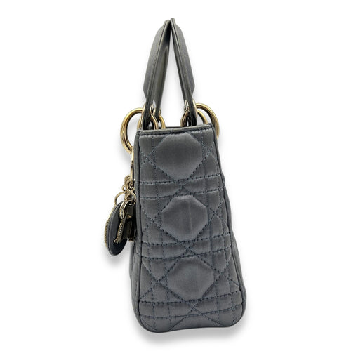 Christian Dior Lady Dior Top Handle Bag Mini Grey in Satin, Gold hardware_4