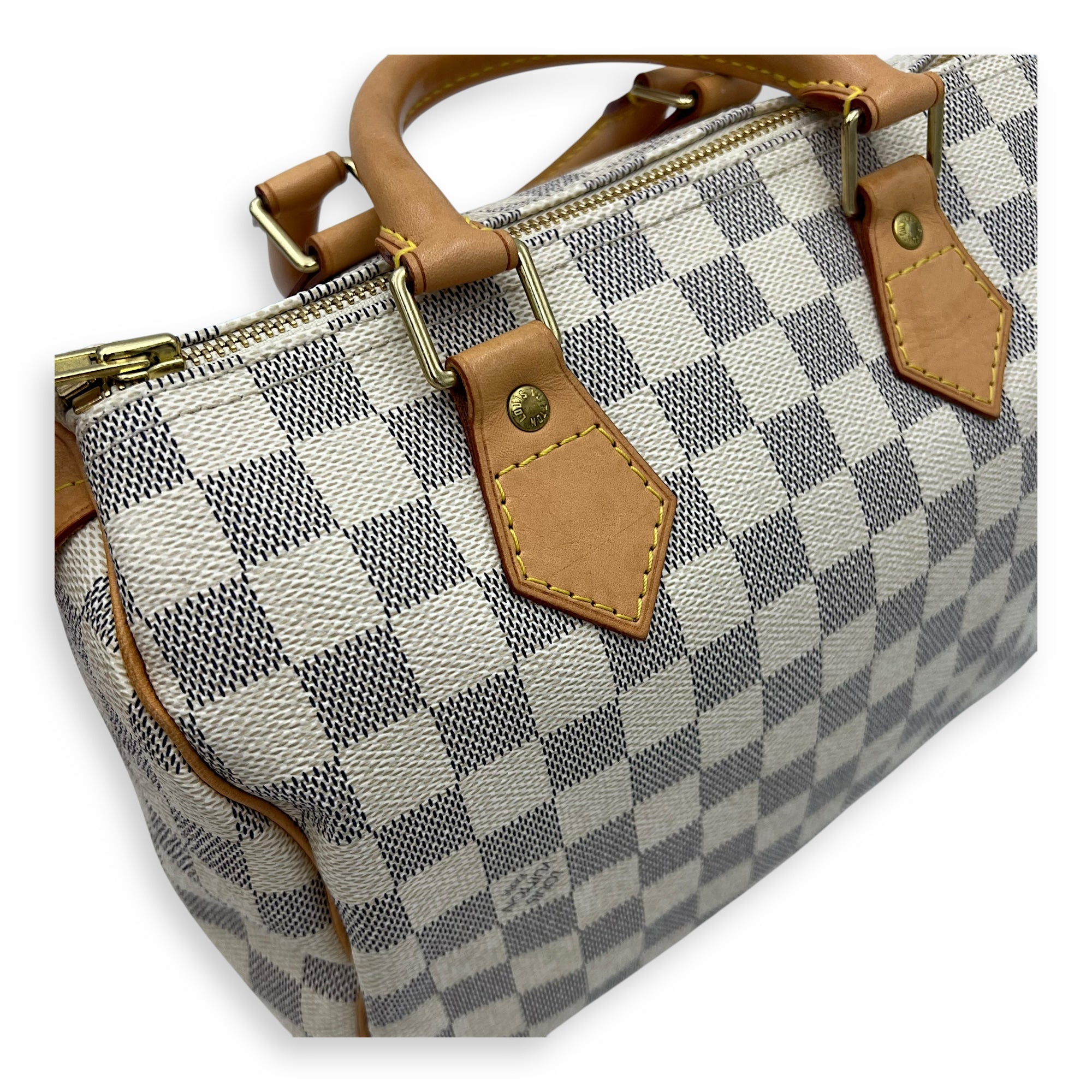 Louis Vuitton Speedy 25 Damier Azur Top Handle Bag in Coated Canvas, Gold hardware_18