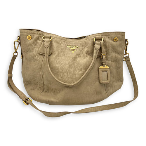 Prada Logo Top Handle Bag Beige in Calfskin, Gold hardware_16