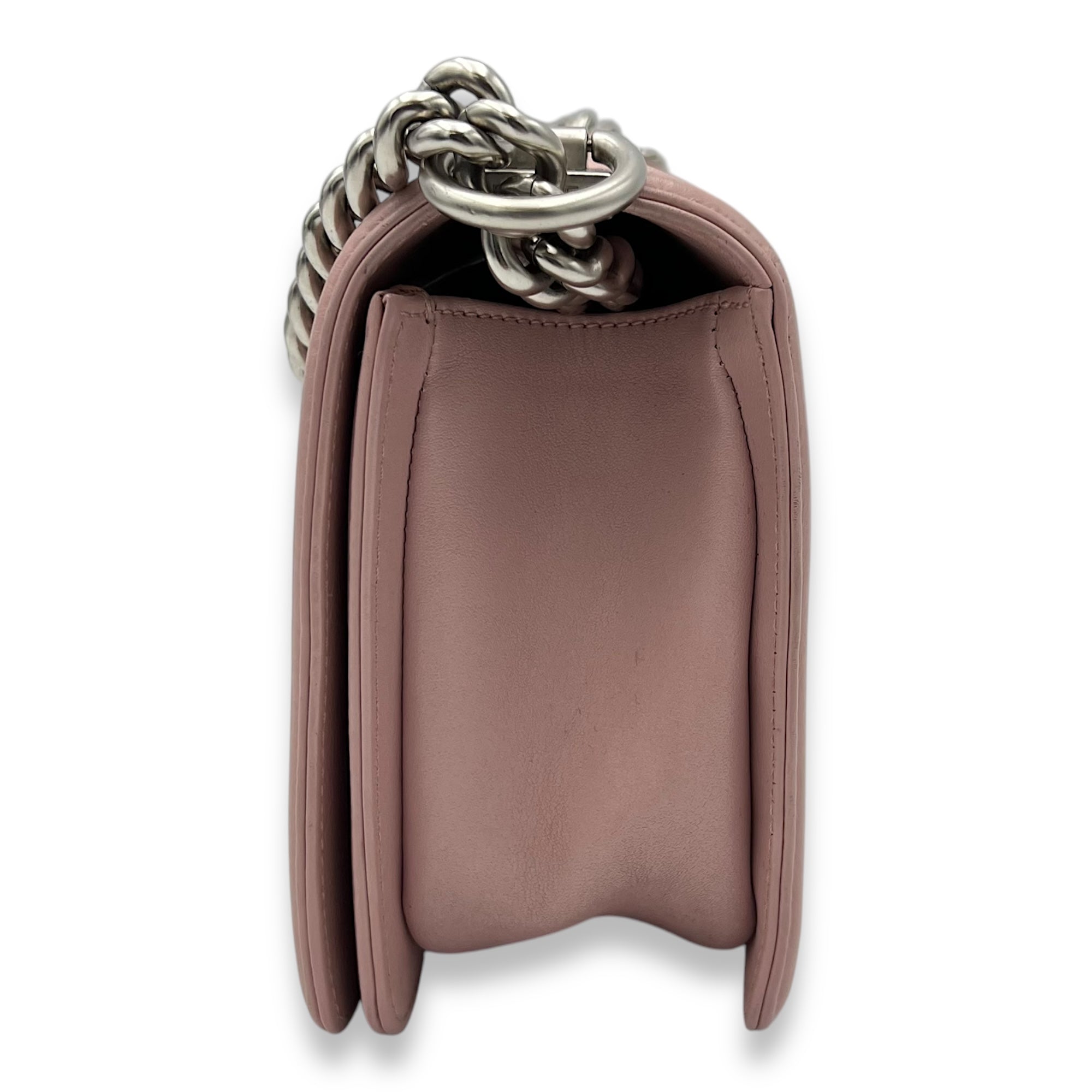 Chanel Boy Crossbody Bag Medium Pink in Calfskin, Silver hardware_4