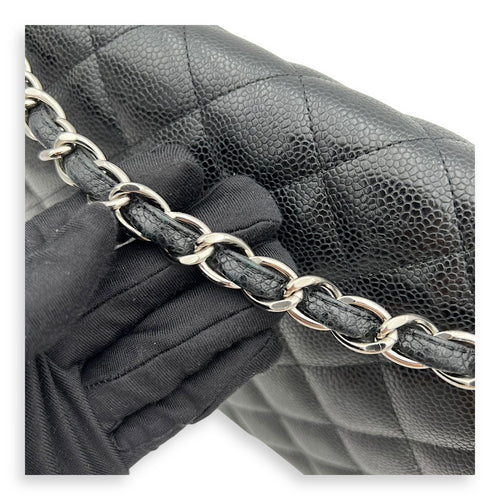 Chanel Classic Double Flap Maxi Black Shoulder Bag in Caviar Leather, Silver hardware_16