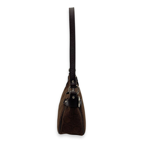 Salvatore Ferragamo Gancini Brown Shoulder Bag in Fabric, Silver hardware_4