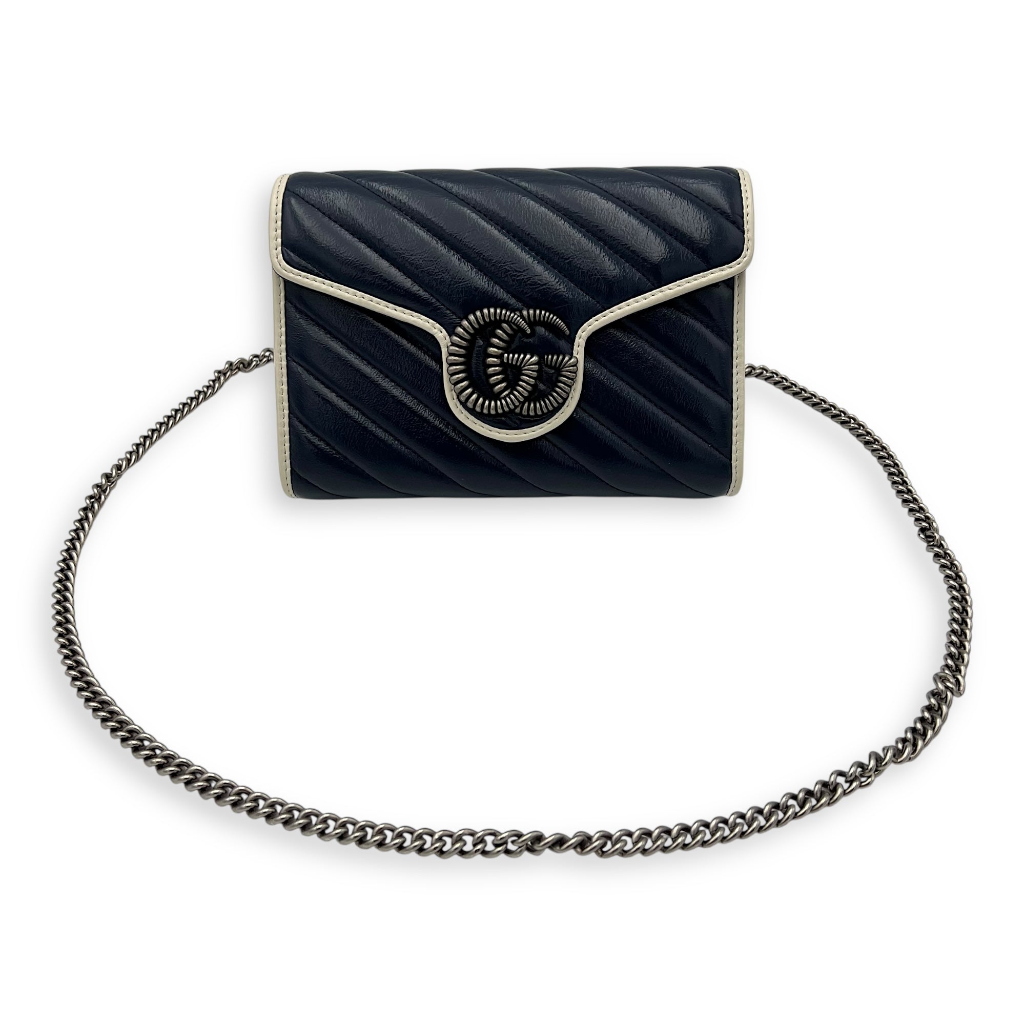 Gucci GG Marmont Wallet On Chain Blue in Calfskin, Ruthenium hardware_10