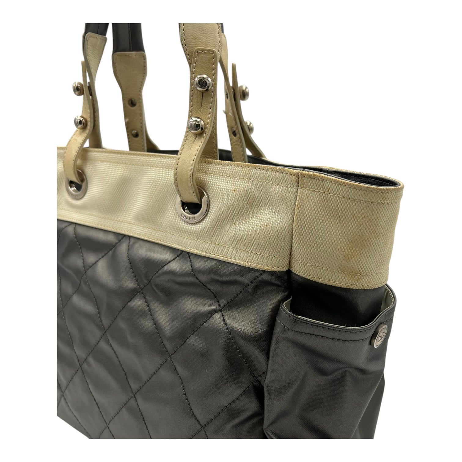 Chanel Paris Biarritz Tote Bag Grey in Coated Canvas, Silver hardware_11