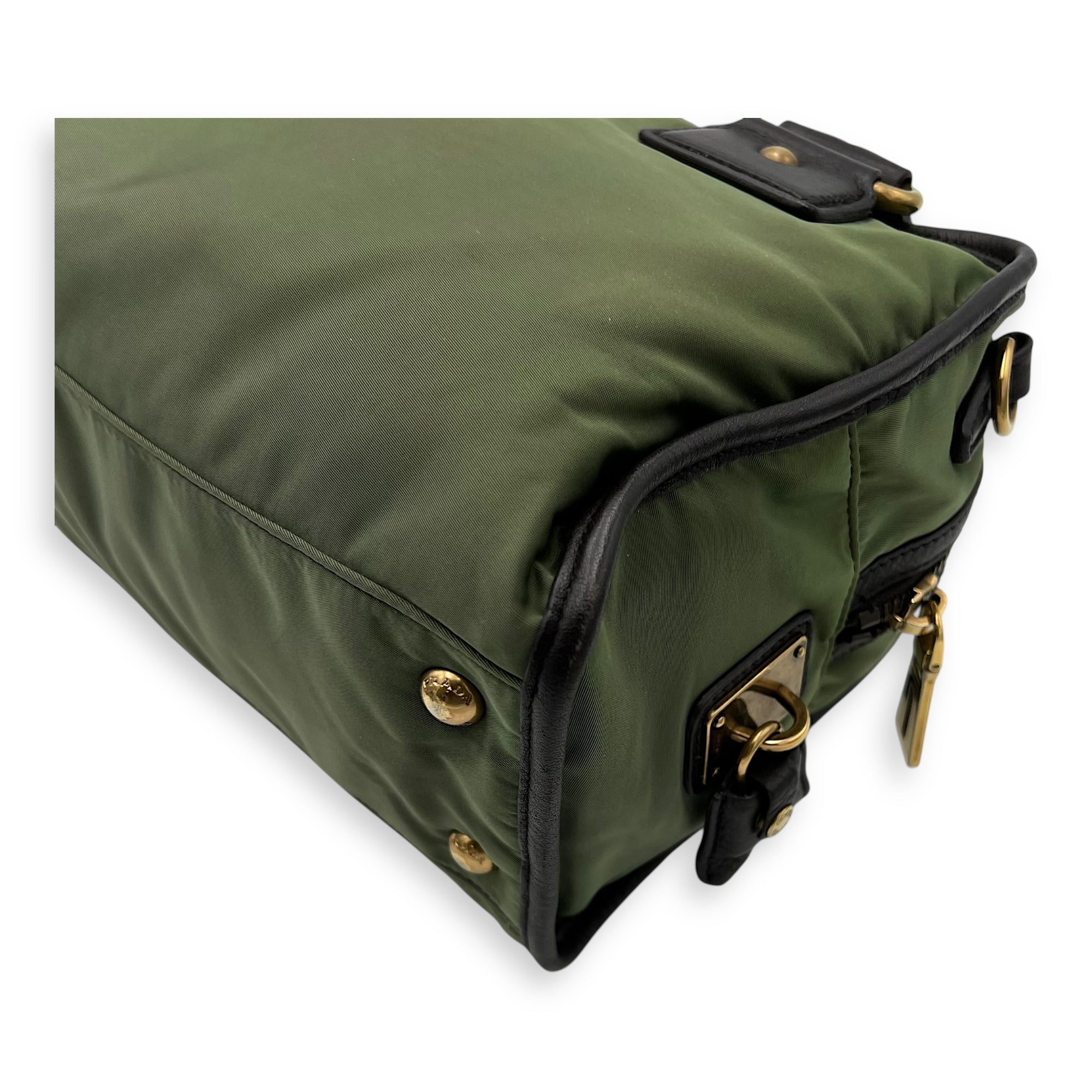 Prada Logo Top Handle Bag Green in Nylon, Gold hardware_10