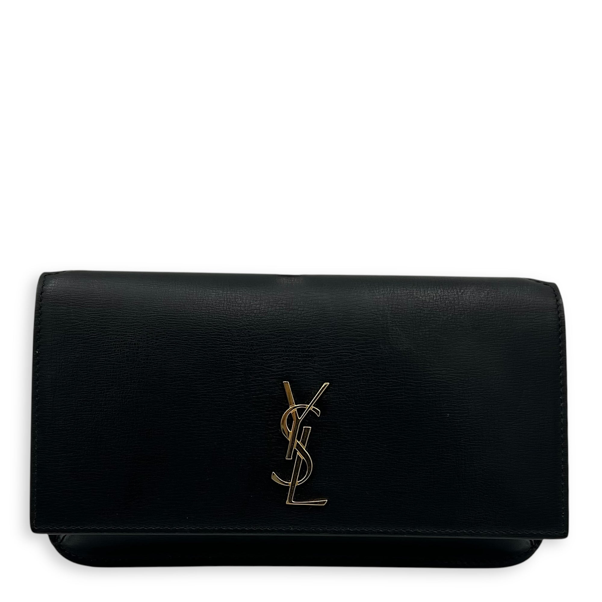 Saint Laurent Cassandra Black Phone Holder in Calfskin, Gold hardware_1