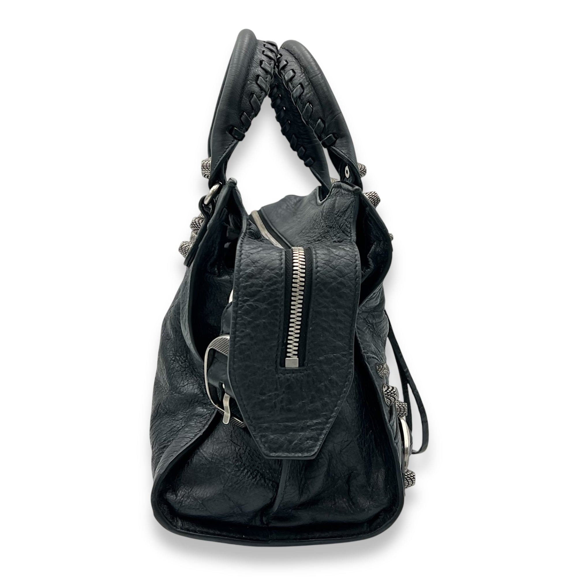 Balenciaga Neo Classic Top Handle Bag Black in Distressed Leather, Silver hardware_4