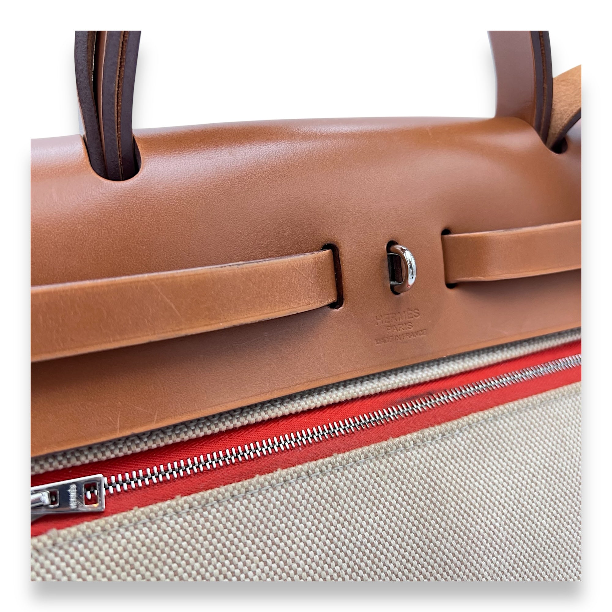 Hermès Herbag 31 Orange Mecano/ Ecru-beige/ Fauve Shoulder Bag in Toile, Palladium hardware_10