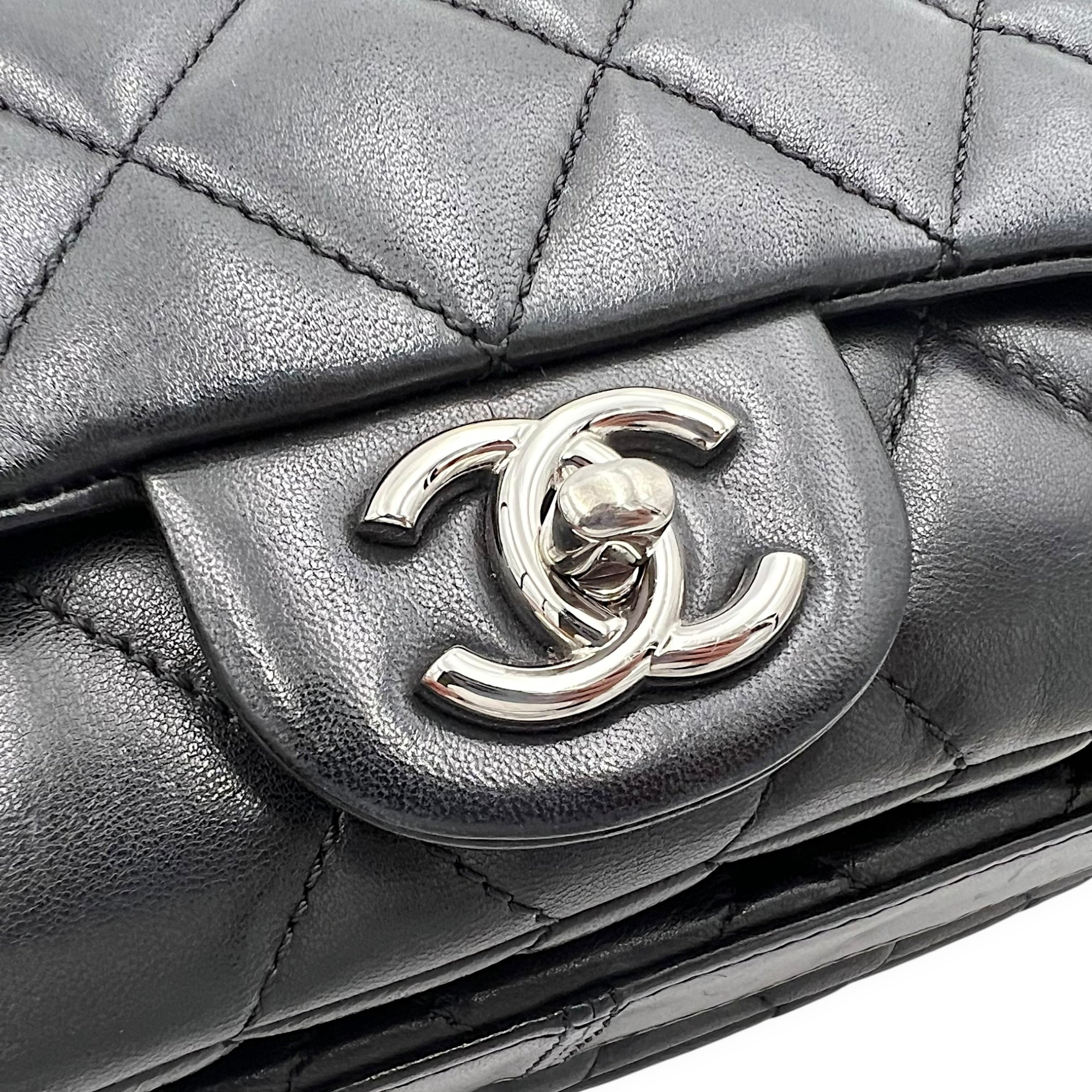 Chanel Accordion Triple Shoulder Bag Black in Lambskin, Silver hardware_18