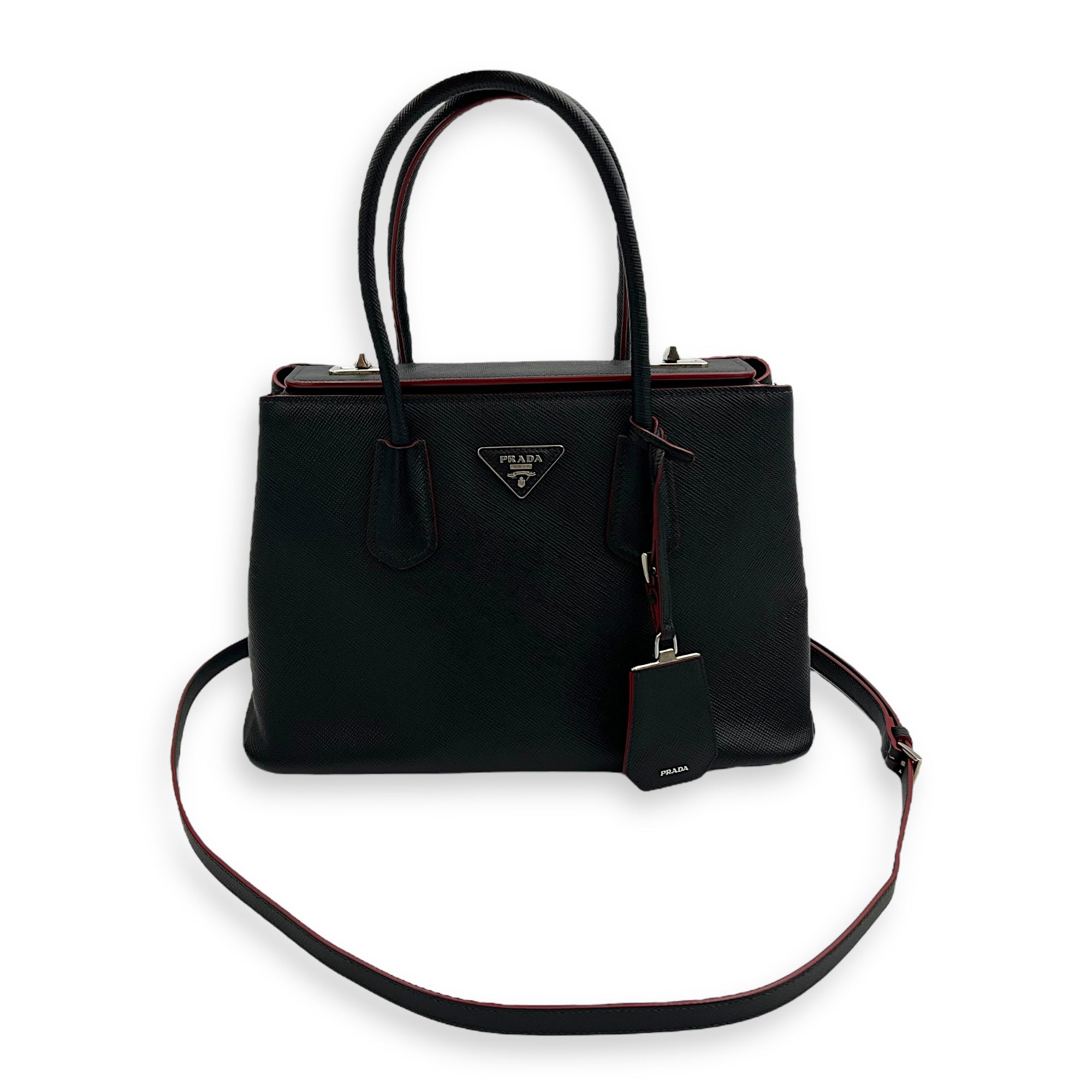 Prada 2 way turnlock bag Top Handle Bag Black in Saffiano Leather, Silver hardware_18