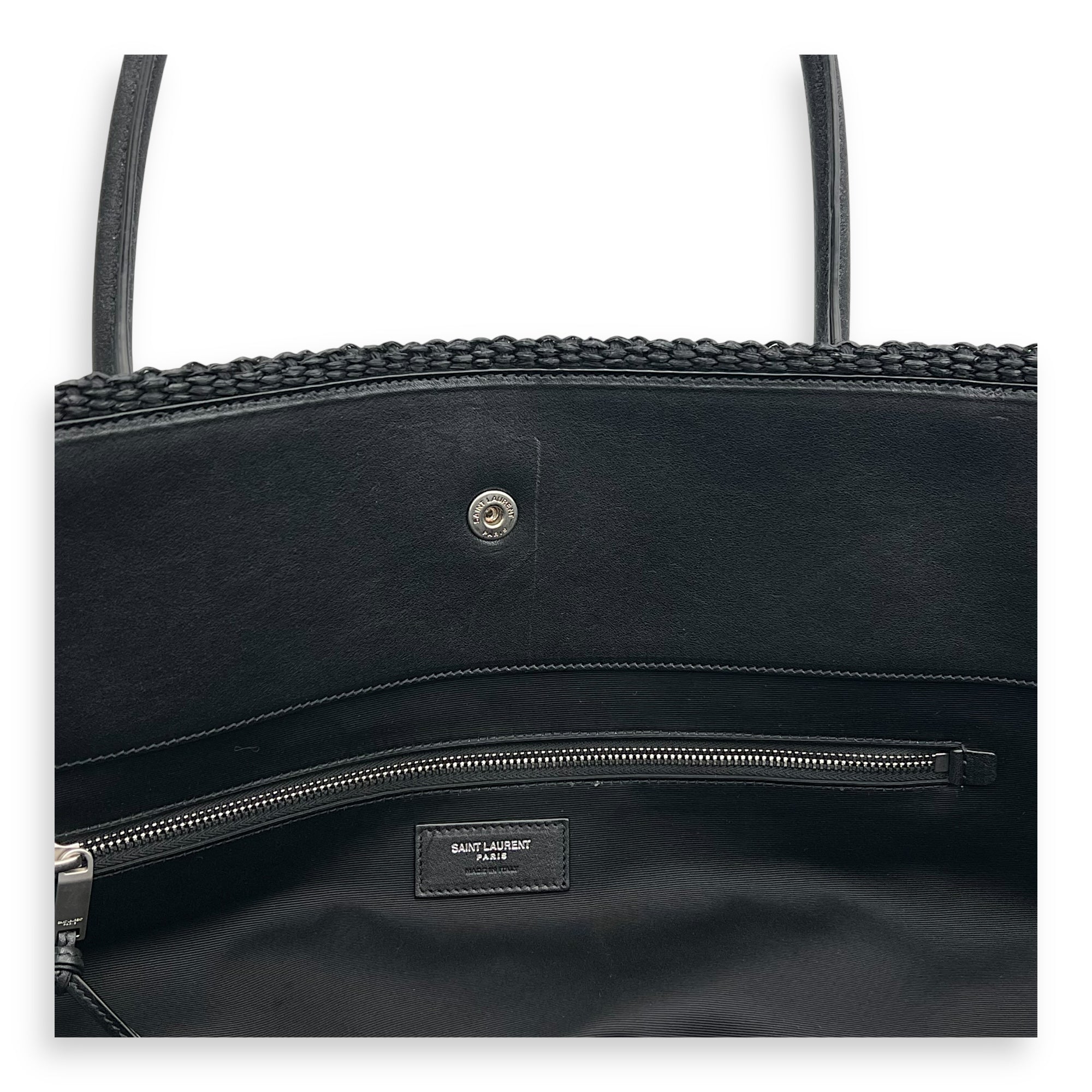 Saint Laurent Rive Gauche Tote Bag Black in Raffia, Silver hardware_7