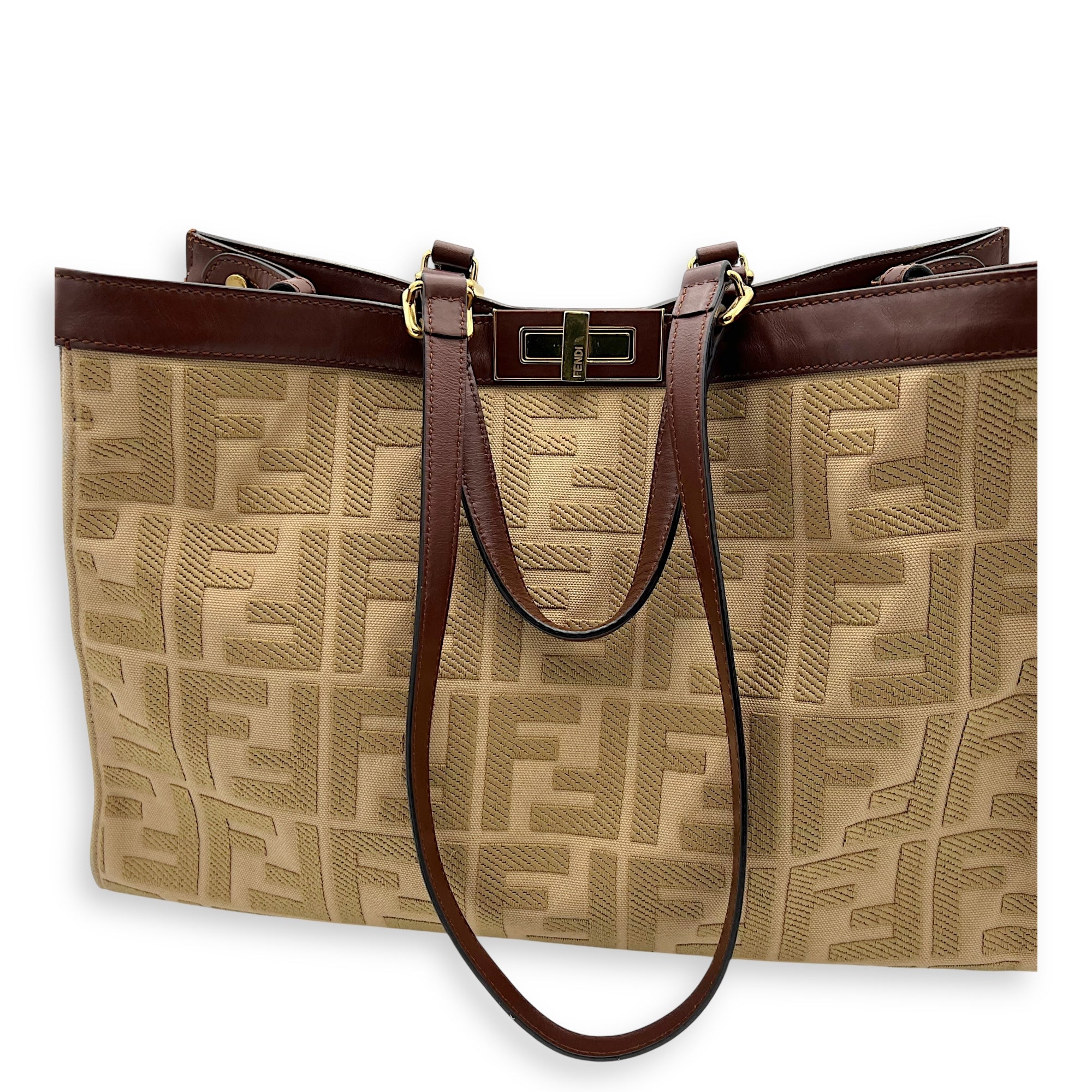 Fendi Peekaboo Brown Top Handle Bag in Canvas, Gold hardware_18