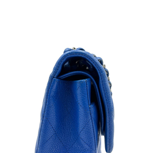 Classic Medium Blue Shoulder Bag in Caviar Leather, Ruthenium hardware