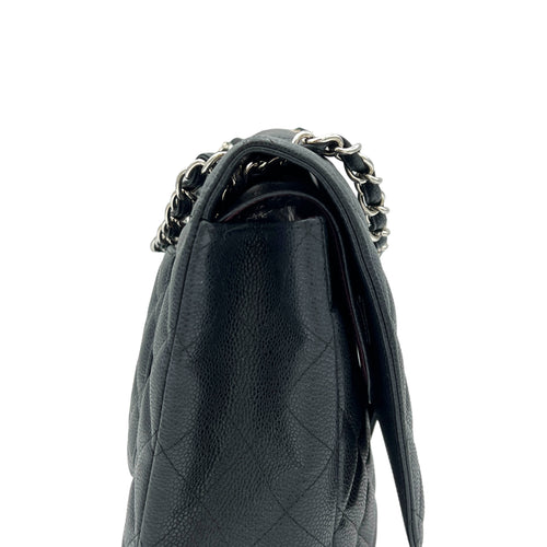 Classic Maxi Black Shoulder Bag in Caviar Leather, Silver hardware