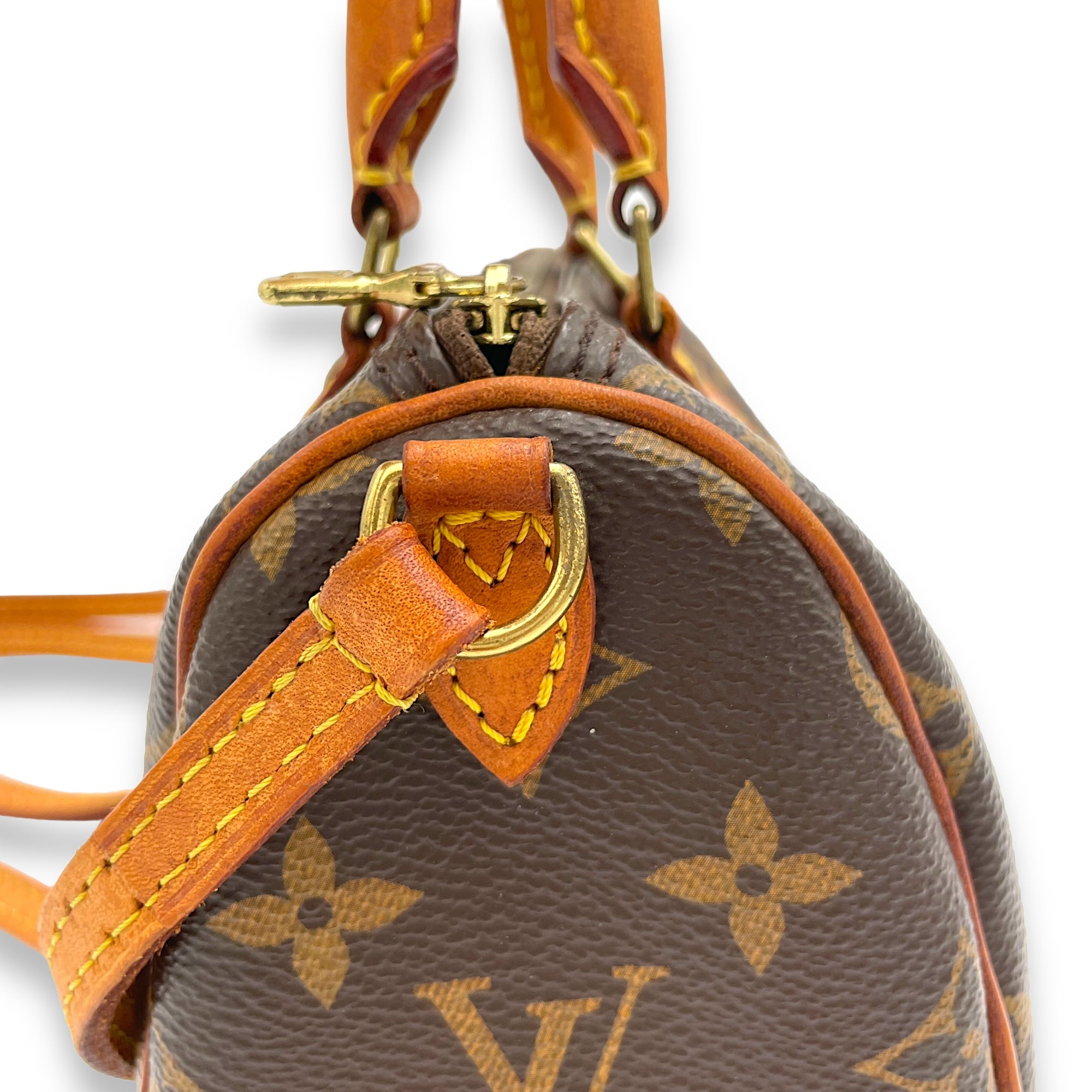 Speedy Bandouliere Top Handle Bag Nano Brown in Monogram Coated Canvas, Gold hardware