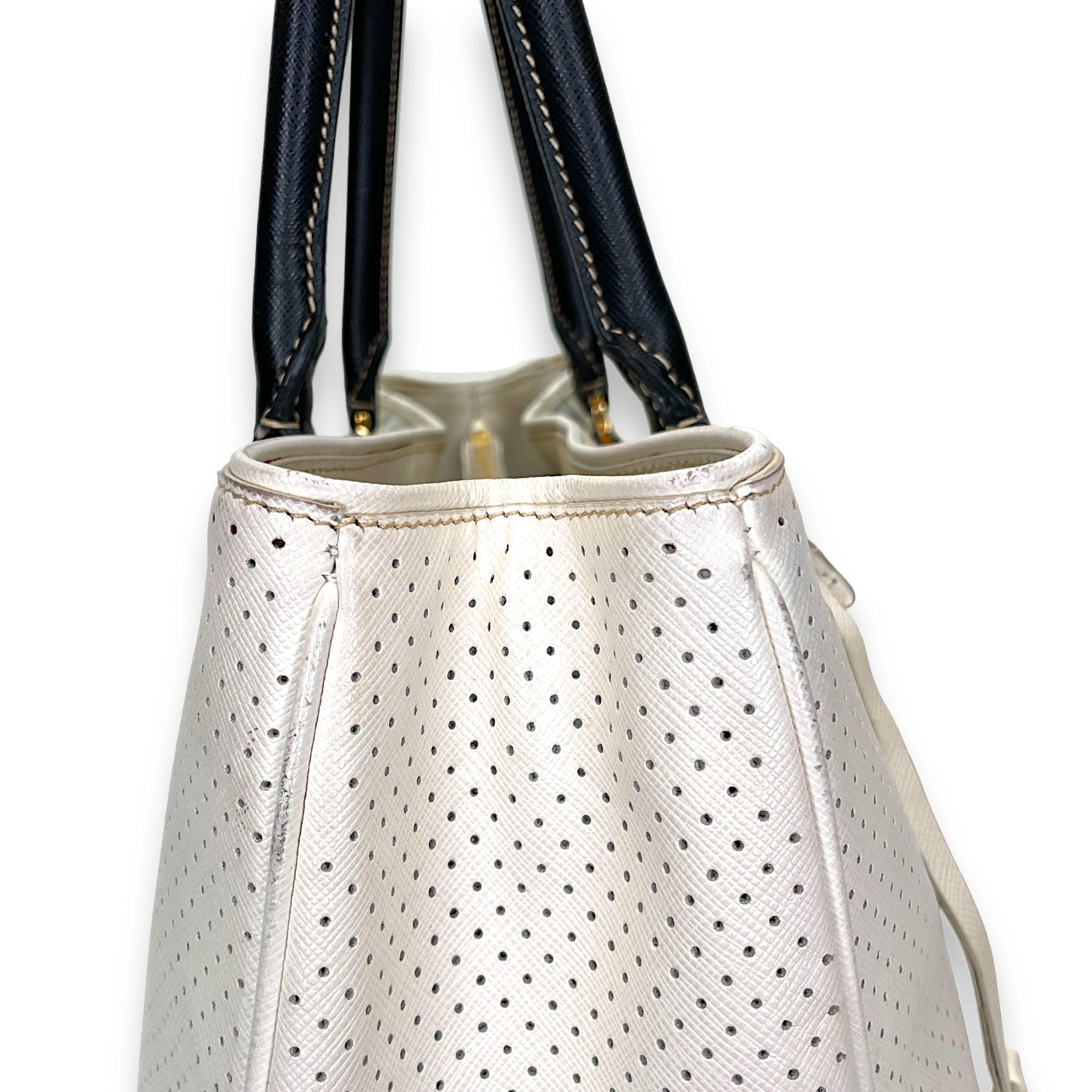 Perforated Galleria White Top Handle Bag in Calfskin, Gold hardware