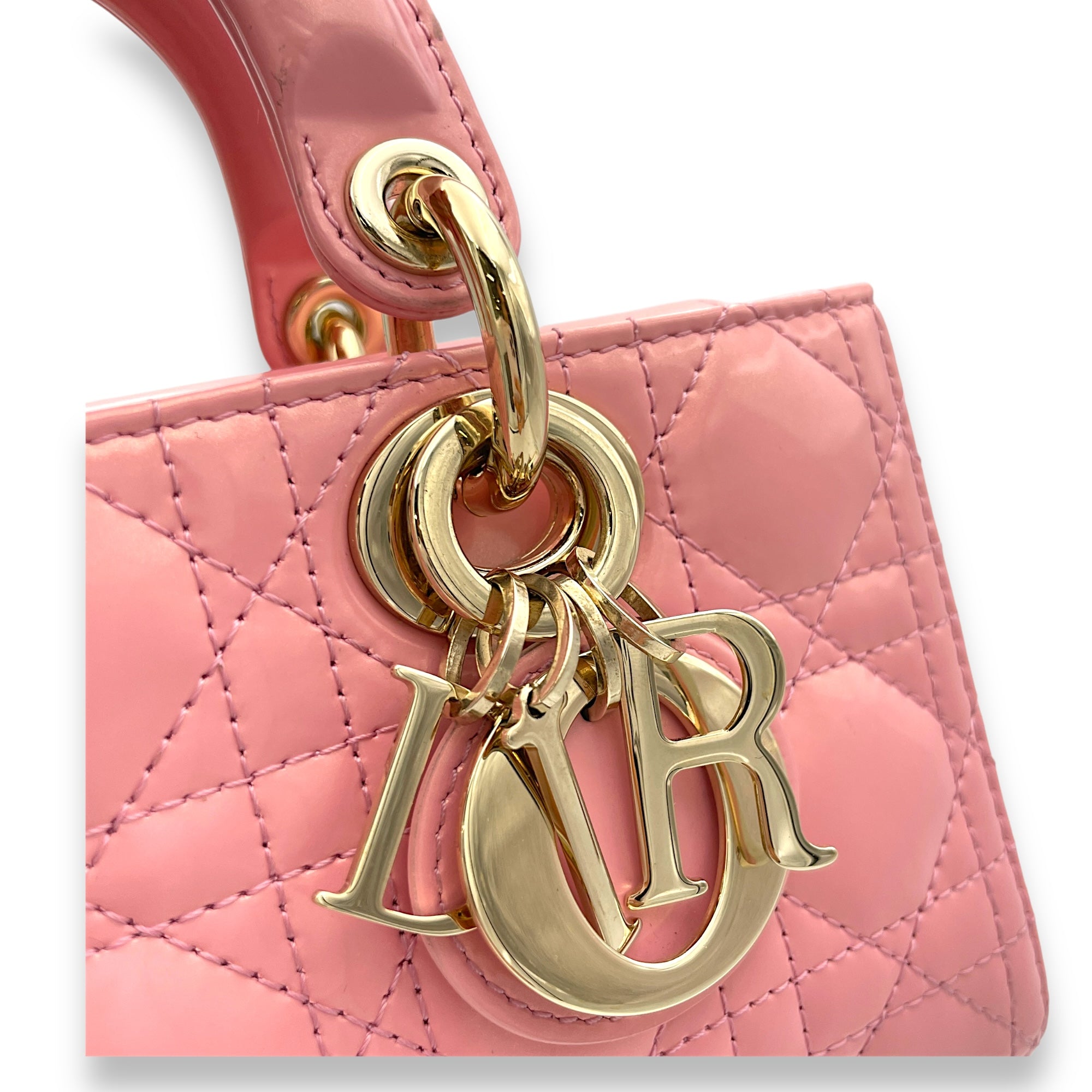 Lady D-Joy Small Pink Top Handle Bag in Patent Leather, Gold hardware