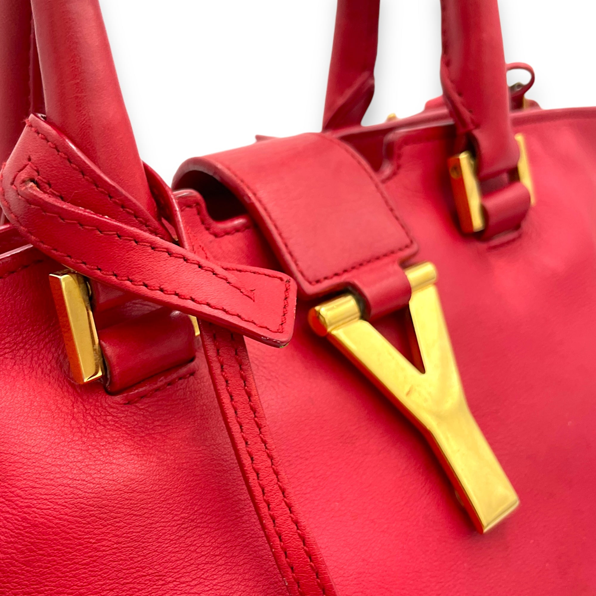 Classic Y Cabas Red Top Handle Bag in Calfskin, Gold hardware