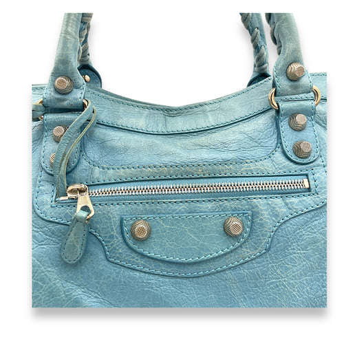 City Medium Blue Top Handle Bag in Distressed Leather, Silver hardware