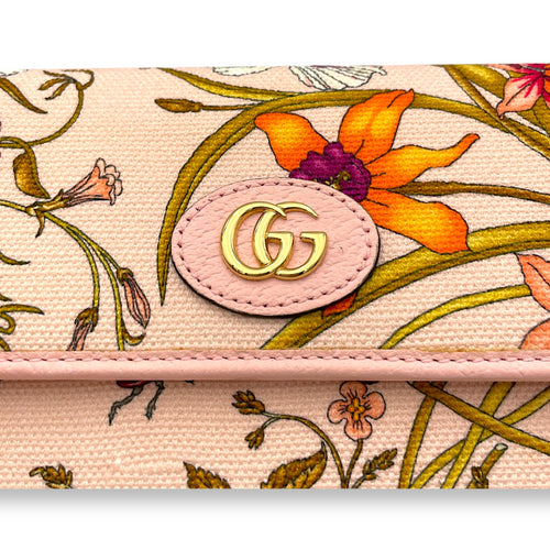 Flora Wallet On Chain Pink in Canvas, Gold hardware