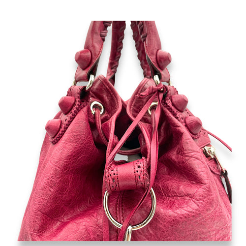 PomPon Red Top Handle Bag in Distressed Leather, Silver hardware