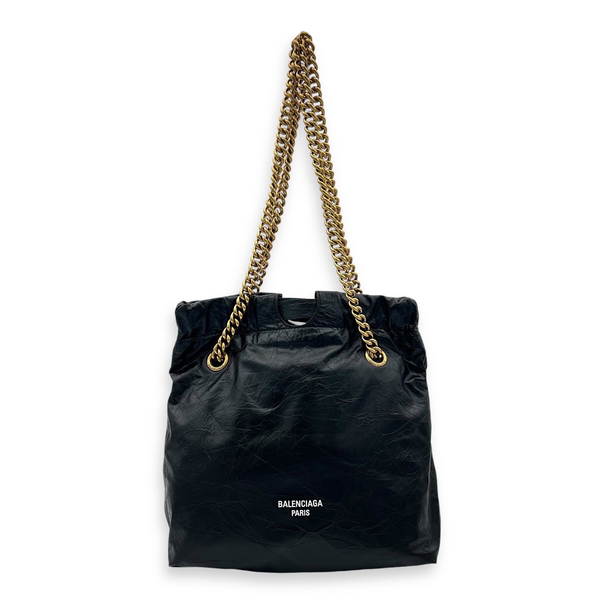 Crush Shoulder Bag Black in Distressed Leather, Gold hardware