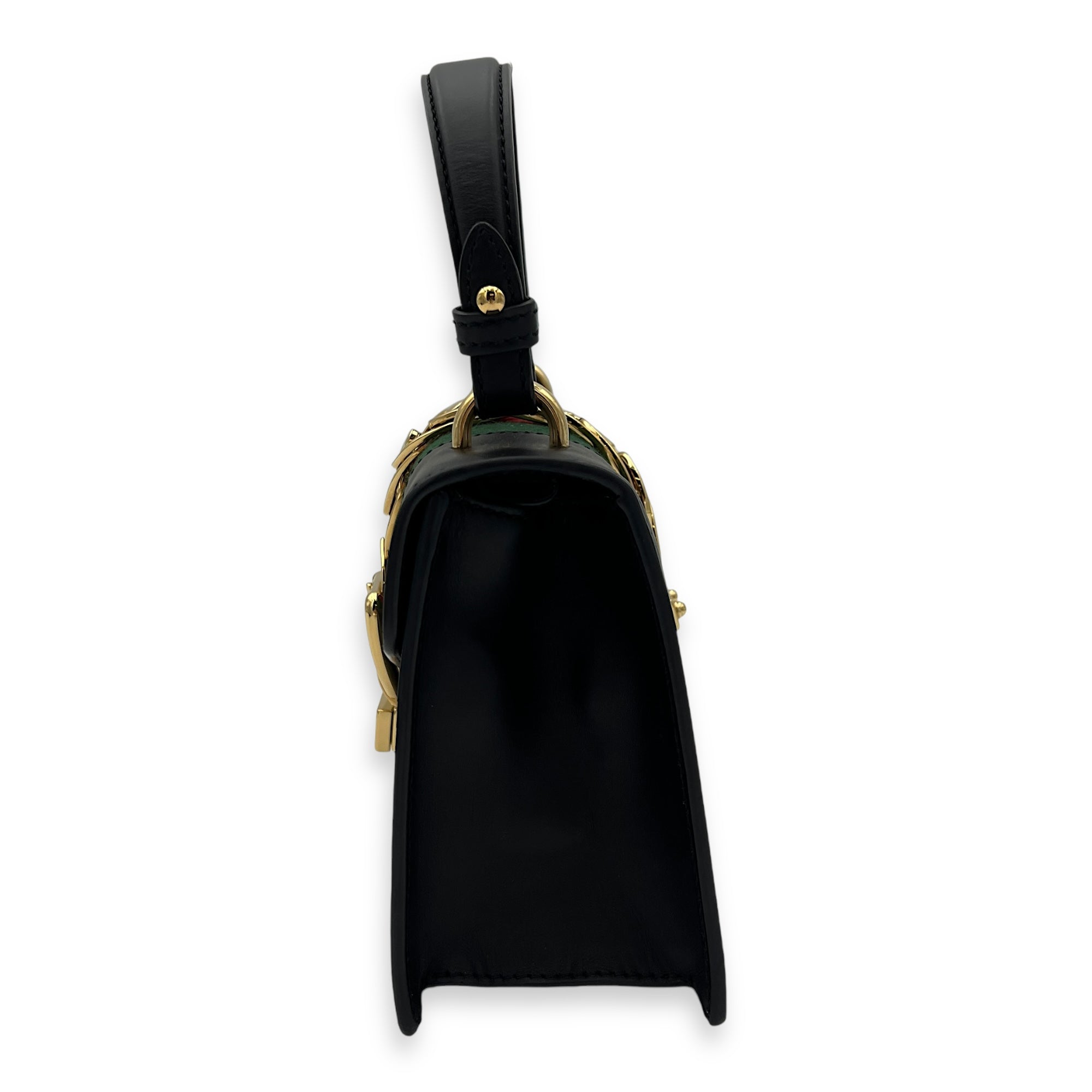 Sylvie Mini Black Top Handle Bag in Calfskin, Gold hardware