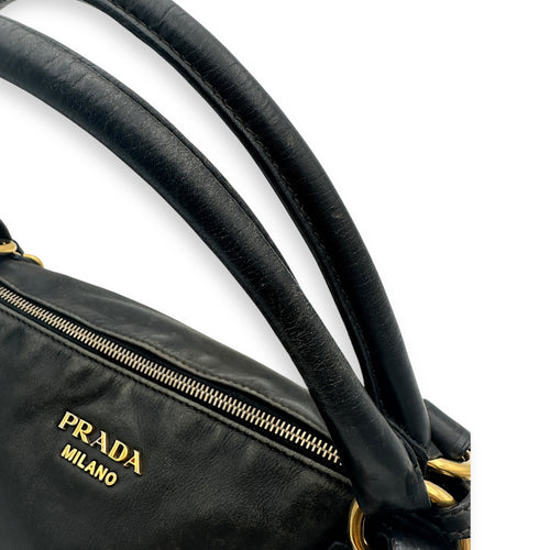 Prada Logo Top Handle Bag Black in Calfskin, Gold hardware_23