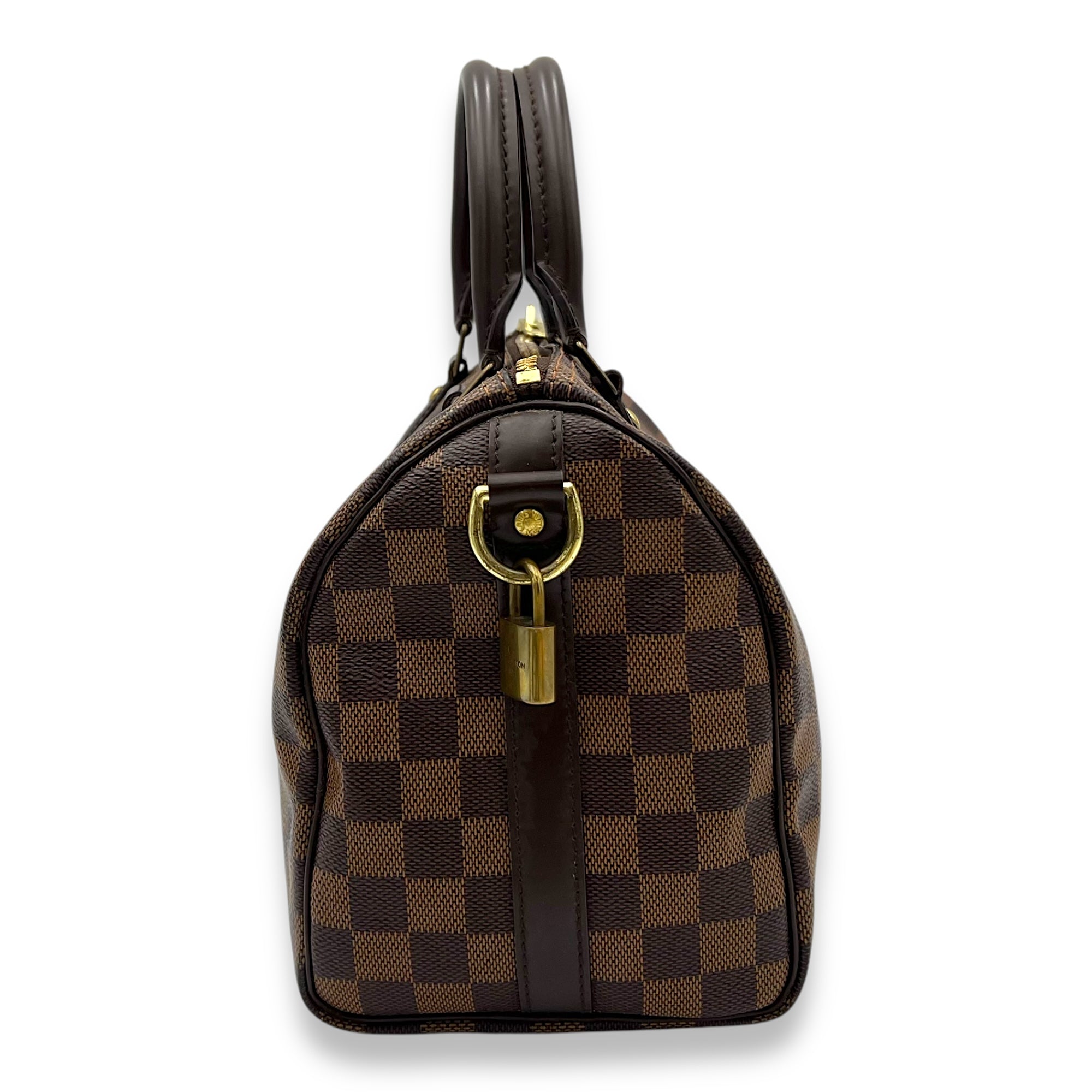 Louis Vuitton Speedy Bandouliere 25 Damier Ebene Top Handle Bag in Coated Canvas, Gold hardware_4