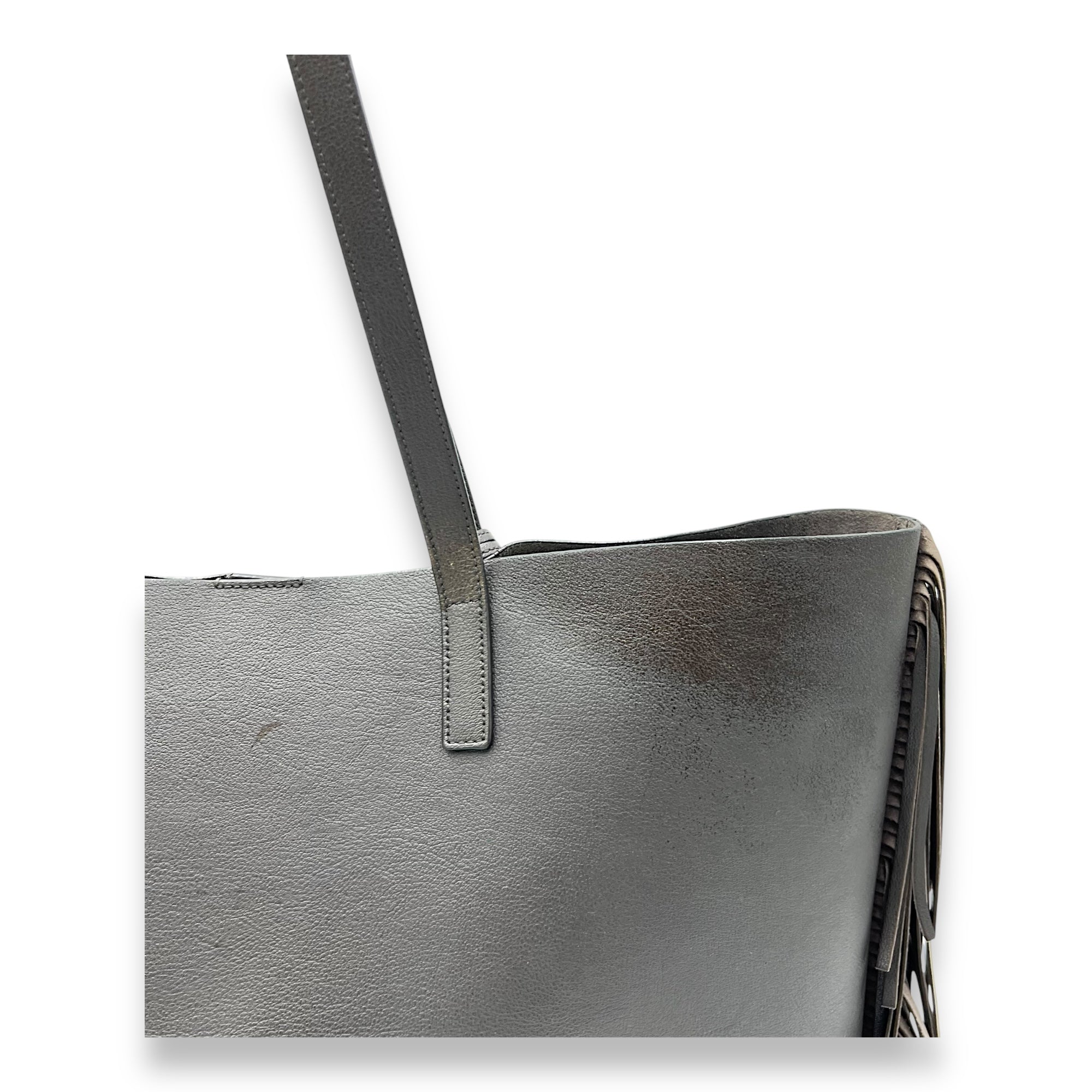 Saint Laurent East West Shopping Fringe Tote Bag Grey in Calfskin, Silver hardware_11