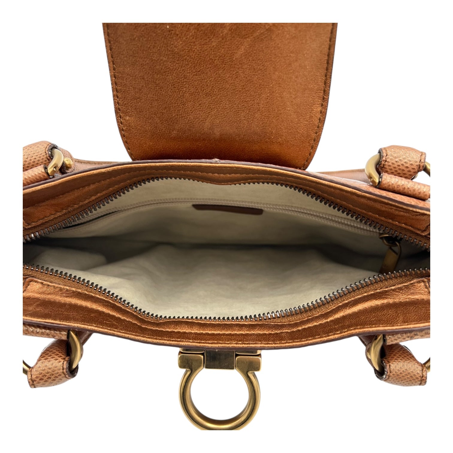 Salvatore Ferragamo Gancini Shoulder Bag Brown in Python Embossed Calfskin, Gold hardware_6