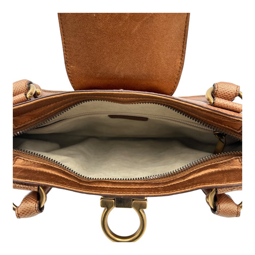 Salvatore Ferragamo Gancini Shoulder Bag Brown in Python Embossed Calfskin, Gold hardware_6