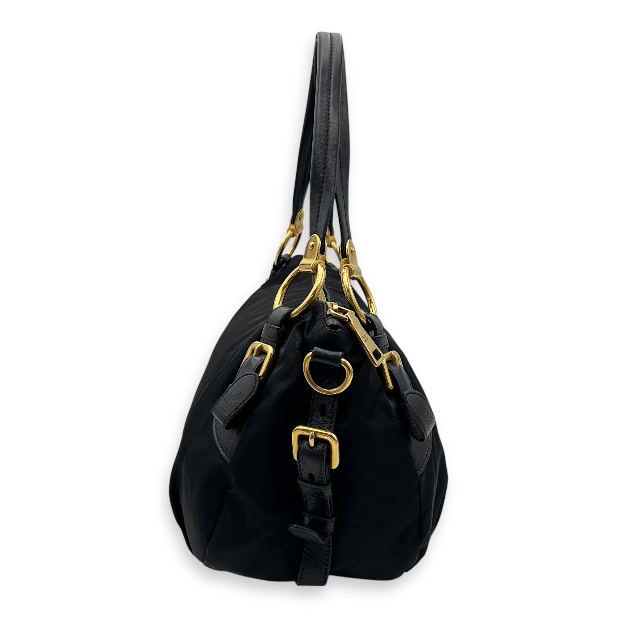 Prada Logo Top Handle Bag Black in Nylon, Gold hardware_3