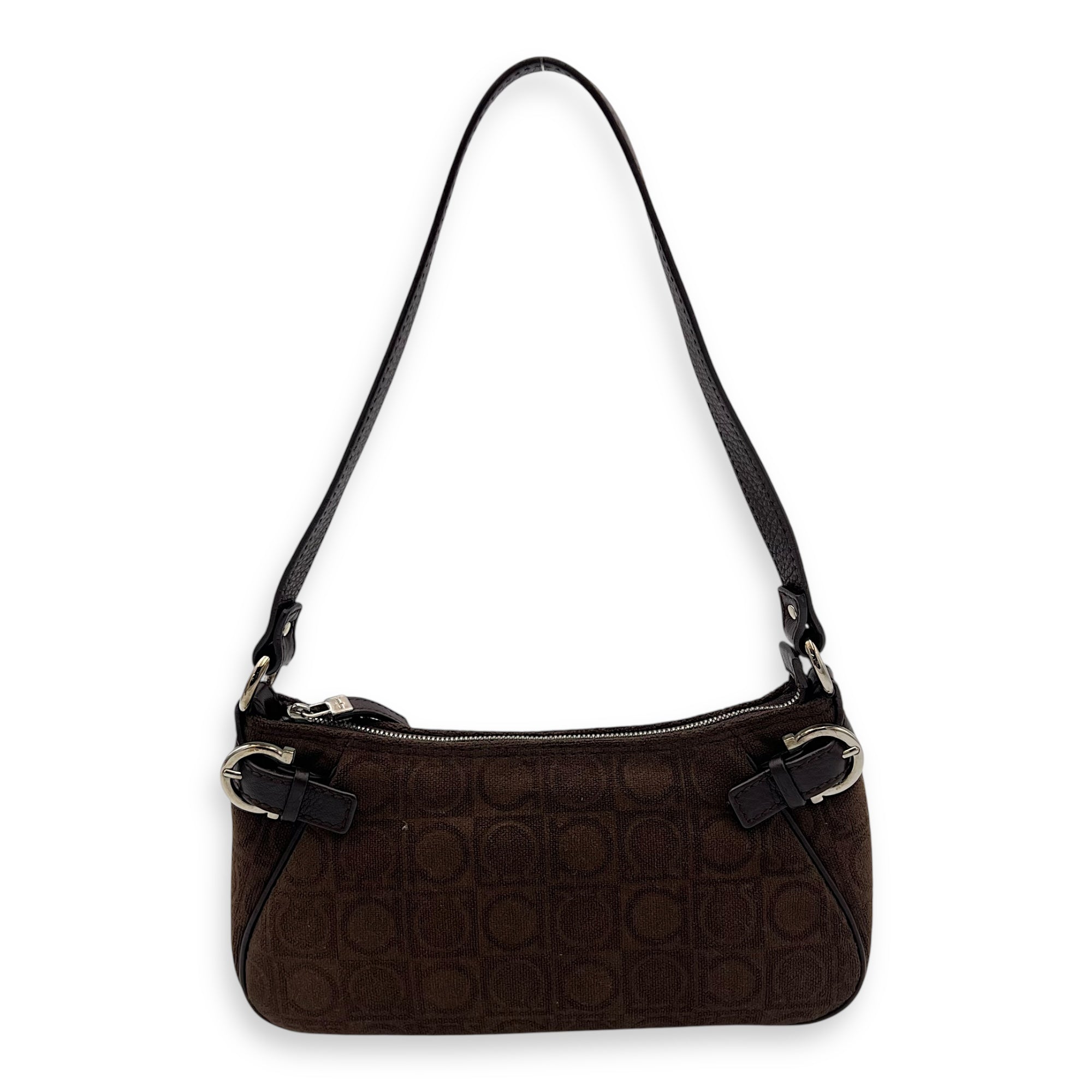 Salvatore Ferragamo Gancini Brown Shoulder Bag in Fabric, Silver hardware_1